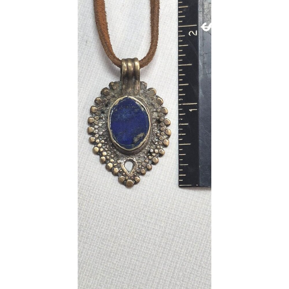 Antique Tribal-Style Blue Stone Pendant On Brown Leather Cord Necklace - Picture 12 of 14